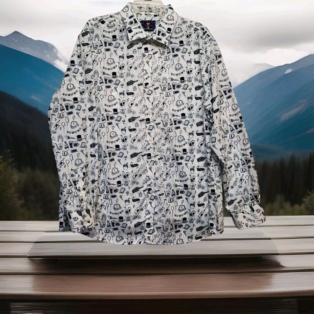Simon Banks Men's New Year's Shirt‎ XL Button Up Holiday Party Blk & Wht Symbols